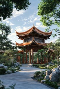 中式园林凉亭景观图