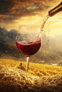 夕阳下红酒倒入杯中美景