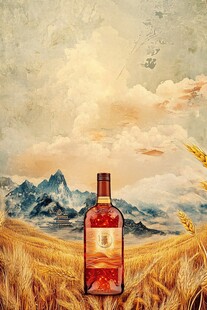 麦田中的红酒瓶风景