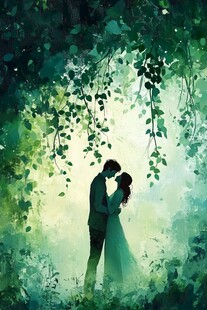 森林中情侣的浪漫剪影