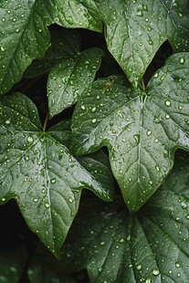 带水珠的翠绿叶片特写