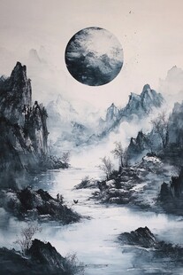 水墨山水间的神秘巨月
