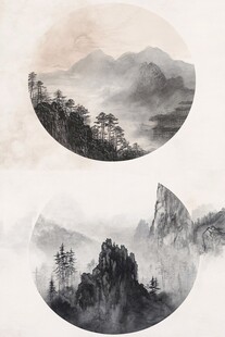 中式水墨山水圆形画作