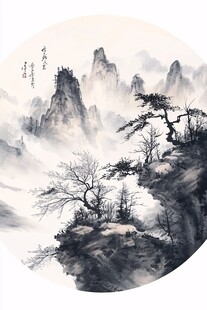 水墨山水圆景图