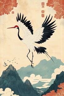 丹顶鹤于山水间展翅翱翔