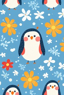 可爱企鹅花卉蓝色背景图