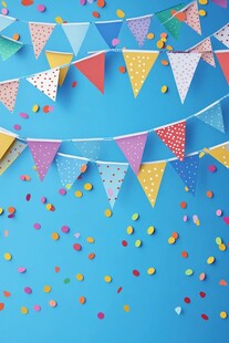 彩色派对彩旗装点蓝色背景