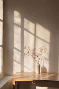 窗边光影下的静谧花瓶