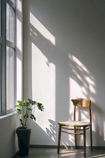 窗边椅影与绿植的静谧角落