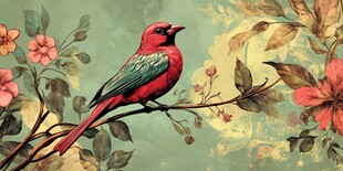 枝头红鸟栖于繁花绿叶间