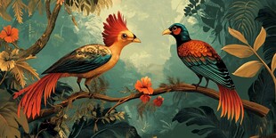 双彩鸟栖于繁花绿枝间