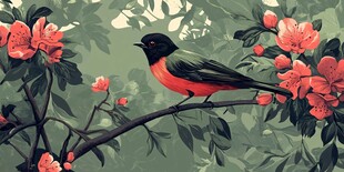 枝头栖鸟赏繁花