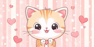可爱小猫与粉色爱心背景