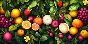 缤纷水果置身绿叶花丛间