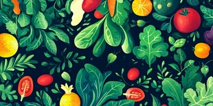 缤纷果蔬与绿叶图案背景