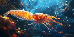 深海灵动的橙色虾类特写