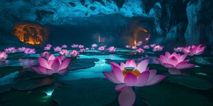 梦幻洞穴中的粉色莲花盛景