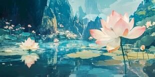 梦幻山水间的绽放荷花