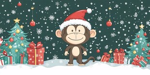 圣诞小猴置身欢乐雪景中