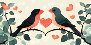 情侣鸟栖息于爱心枝上