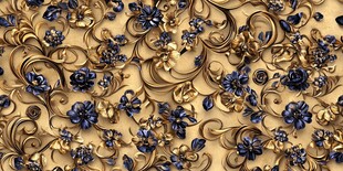 复古金色雕花蓝色花卉图案