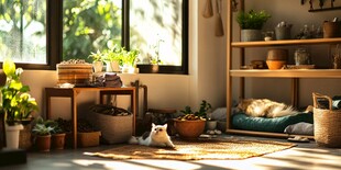温馨绿植小屋中的慵懒猫咪