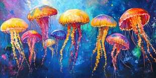 梦幻水母群的绚丽水彩画