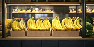 超市里整齐摆放的新鲜香蕉