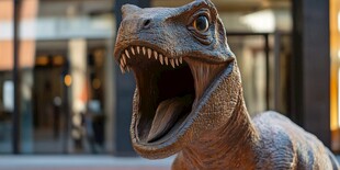 街头张嘴咆哮的恐龙雕塑