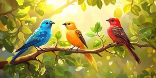 三只彩鸟栖于绿荫枝头