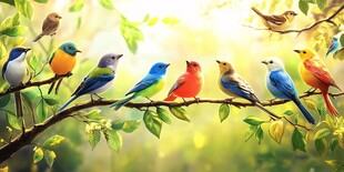 多彩鸟儿栖于繁茂枝头