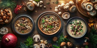 三碗美味蘑菇料理展示