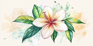 水彩绘木槿花与绿叶