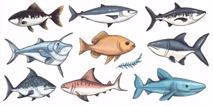 多样海洋鱼类插画集合