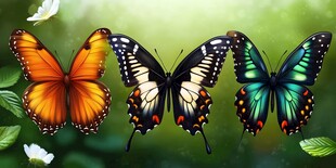 三只彩蝶栖于绿叶花丛间