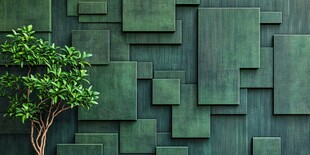 绿植与几何方块墙面景致