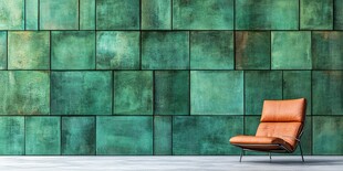 复古绿墙前的橙色休闲椅