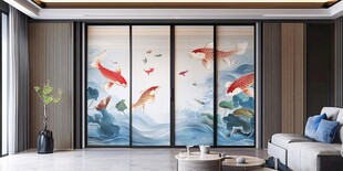 中式客厅的锦鲤艺术移门