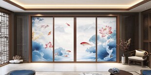 中式客厅的荷花锦鲤背景墙