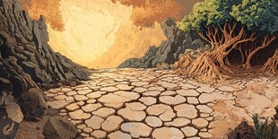 夕阳下的石板小径与岩树