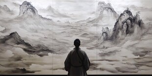 一人赏水墨山水意境美