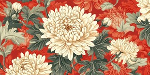 中式花卉图案 红底白菊纹