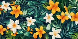 热带花卉与绿叶精美图案