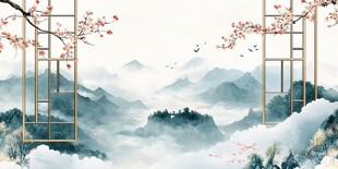 中式山水意境插画风景图