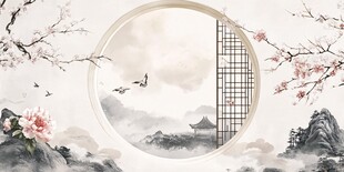 中式古风圆窗山水花鸟景