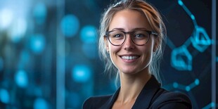 商务女性微笑于科技背景前