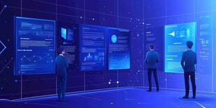 商务人士于科技大屏前研讨