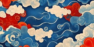 中式云纹图案 红蓝配色