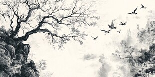 水墨孤树飞鸟山水图景