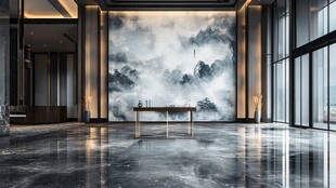 中式大厅水墨山水壁画景致